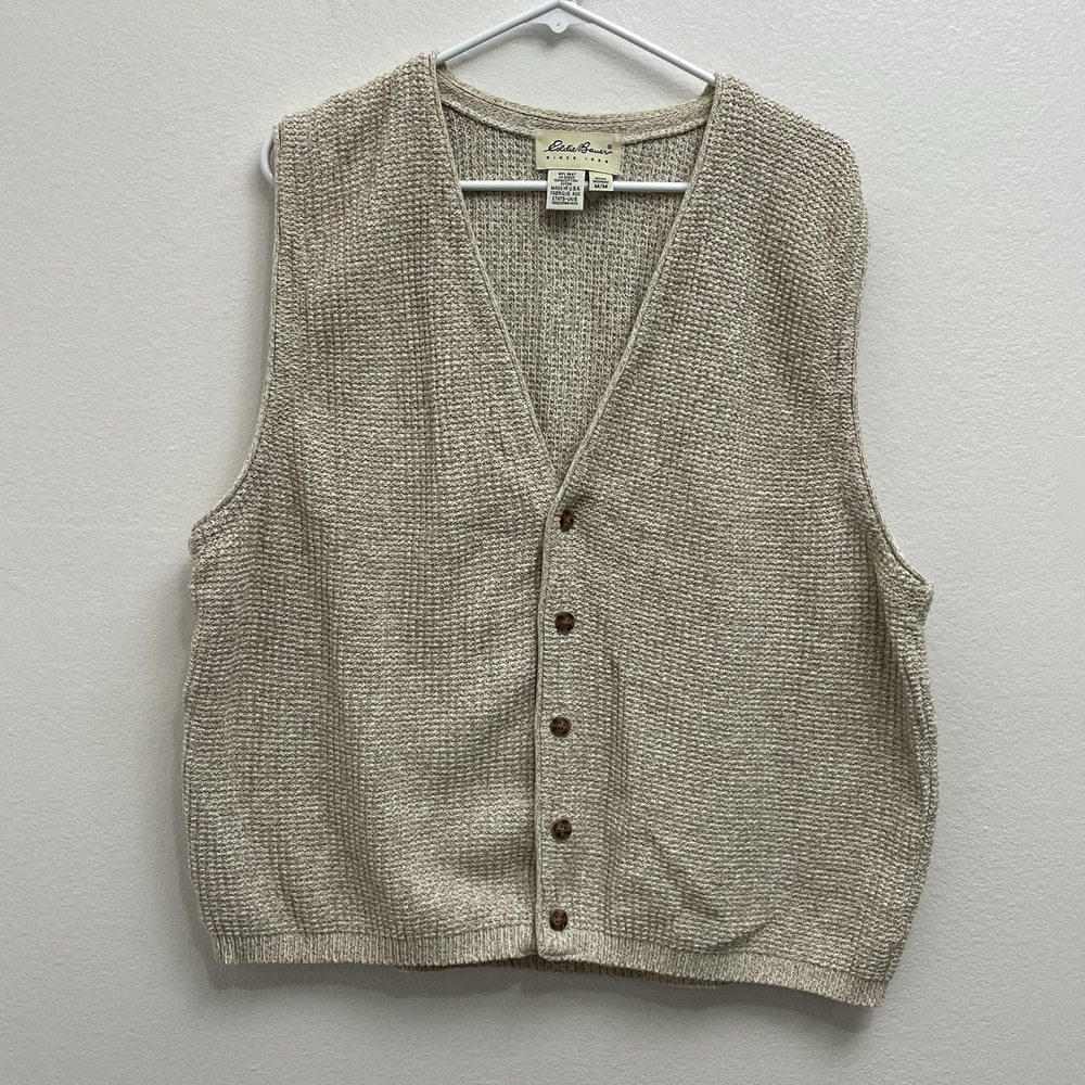 Vintage Eddie Bauer Sweater Vest Men's M Beige Knit 100% Cotton USA Made